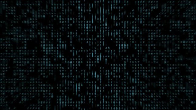 The flow of electronic data with blue digits and reflections flashes moving down in cyberspace, visualization of a digital security code, an artificial intelligence, looped animation.
