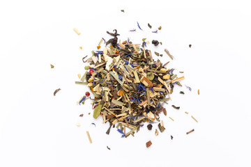 Herbal tea on a white background. Top view.