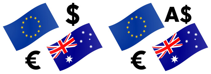EURAUD forex currency pair vector illustration. EU and Australian flag, with Euro and Dollar symbol.