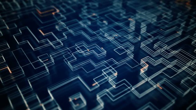 Abstract background with animation of morphing shapes as topographic map or stripes data transfer with flickering particles. Animation of seamless loop.