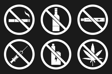 NO SMOKING, NO VAPING, NO HEMP, NO DRUGS, NO ALCOHOL sign. Vector.