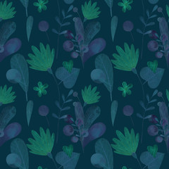 seamless pattern with cute watercolor illustration of stylized flowers.