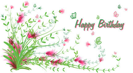 Birthday card. Greeting card in vintage style on a white background. Happy Birthday. Delicate green bush with pink abstract flowers. Vector.