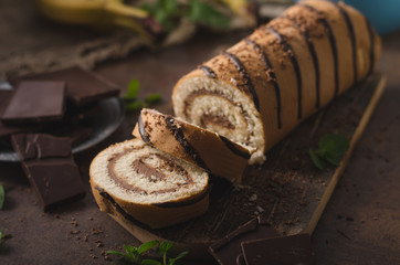 Homemade chocolate banana roll cake