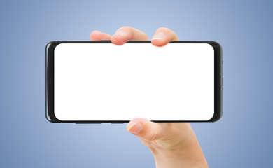 Woman hand holding smartphone mockup isolated on blue