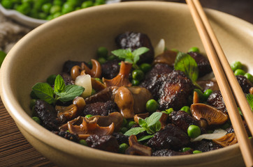 Homemade thai meat with forest mushrooms
