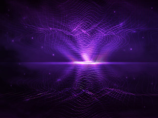 abstract lines in the style of waves, particles of digital waves and light. futuristic wave out of the lines and the glowing circle in the center in a realistic style. abstract futuristic technology b