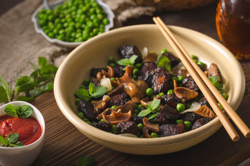 Homemade thai meat with forest mushrooms