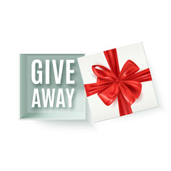 Giveaway advertisement banner, open gift box with decorative red bow, vector illustration