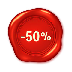 Discount banner, 50 percent off half price sale advertisement, red realistic wax seal isolated on white, vector illustration