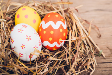 Beautiful Easter multi color egg in straw on wooden