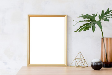 Modern and eclectic room interior with abstract wiped walls, gold mock up frame head sculpture,...