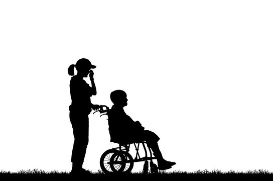 silhouette Daughter to care a wheelchair mother to walk on white background