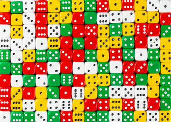 Pattern of random ordered red, white, yellow and green dices