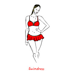Portrait of sexy blonde retro pin up girl in red swim dress type of swimsuit with inscription, hand drawn outline doodle, sketch in pop art style, black and white vector illustration