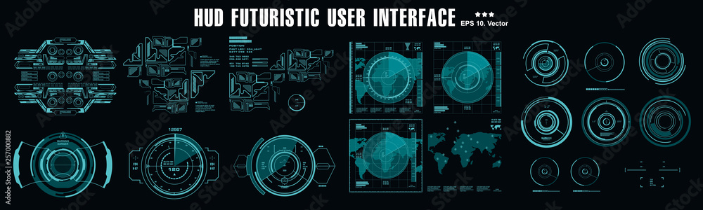 Poster hud futuristic blue user interface, target. dashboard display virtual reality technology screen