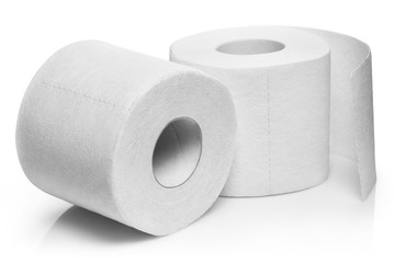 Two rolls of white toilet paper, isolated on white background