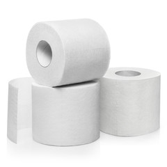 Three rolls of white toilet paper, isolated on white background
