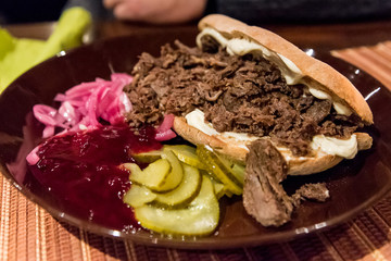 Ciabatta with reindeer meat served in a restaurant in Sirkka, Finland