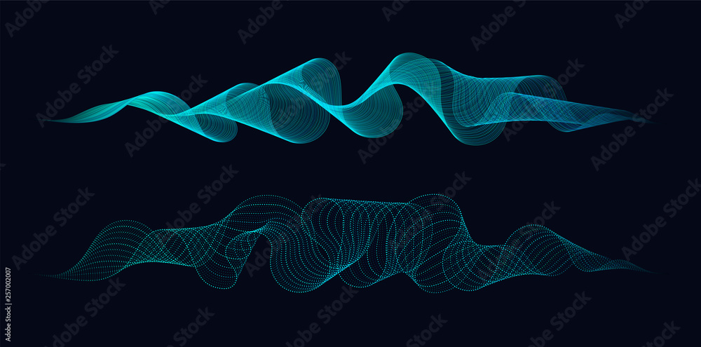 Poster abstract dynamic waves of lines and dots flowing on dark background. concept of music waves science 