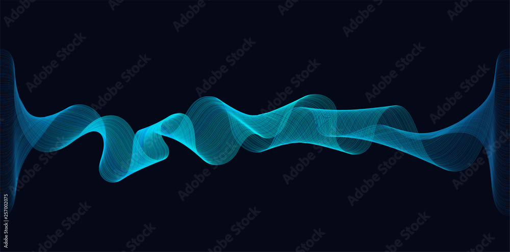 Poster abstract dynamic waves of lines flowing on dark background. concept of music waves science or techno