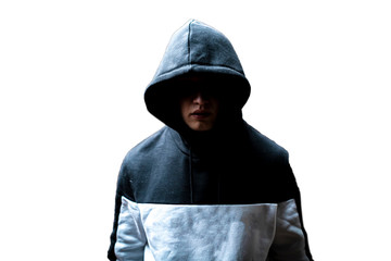 anonymous man in the dark hood standing in the mysterious pose f