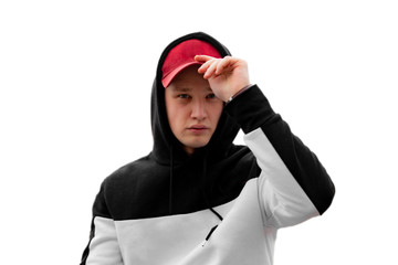 stylish man in the hood in urban city, modern fashion clothes concept f