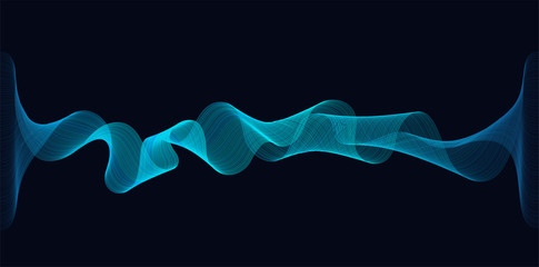 Abstract dynamic waves of lines flowing on dark background. Concept of music waves science or technology AI.