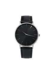 Classic women gold watch black dial, leather strap, isolate on white background