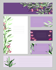 A set of business cards and templates for text. The layout of corporate identity with green plants. A written envelope, postcard, catalog, paper, form. Vector