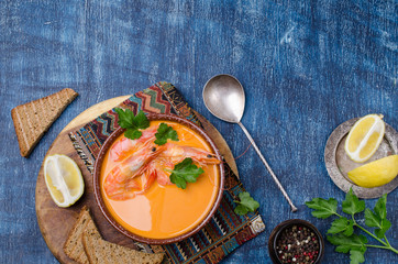 Traditional creamy soup with shrimp