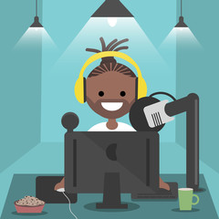 Young character sitting at computer desk.Streaming.Cloud gaming service.Flat cartoon design.Clip art