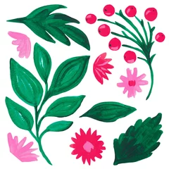 Fotobehang Collection Bright red pink flower green leaves berry branch on white isolated background Hand painted with acrylic and gouache Botanical floral set © Evgeniia