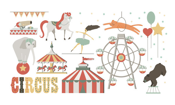 Circus performance set. Human and animals design elements. Vector illustration