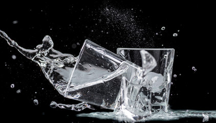 falling small glasses and spilling water on a black background	