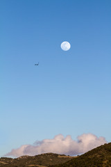 Full moon in the twilight time in the clear blue sky with a cloud resting on the hill below and the silhouette of a peregrine falcon flying