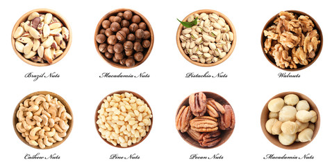 Set of bowls with different organic nuts on white background, top view