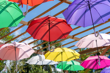 Naklejka na ściany i meble Street decorated with colored umbrellas, island Koh Phangan, Thailand