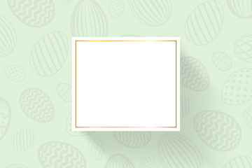 Happy Easter background, pastel textured eggs. Gold decoration paper frame. Greeting Easter 3D card. Border template, empty copy space. Holiday design poster, banner, invitation. Vector illustration