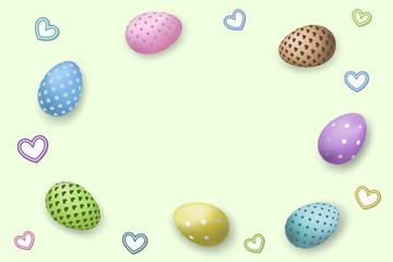 Happy Easter background, pastel textured eggs. Decoration frame. Greeting Easter 3D card. Border template, empty copy space. Holiday design poster, banner, invitation. Vector illustration