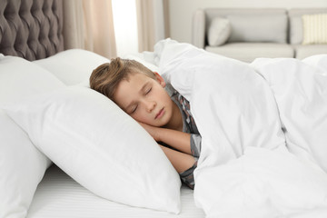 Cute tired boy sleeping in comfortable bed