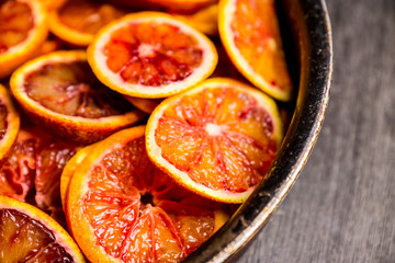 Making jam with red oranges. Selective focus. Shallow depth of field.