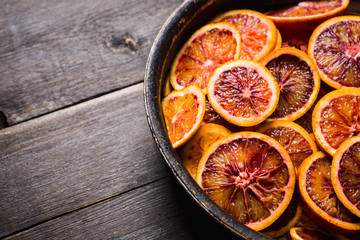 Making jam with red oranges. Selective focus. Shallow depth of field.