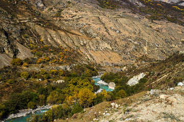 Caucasus mountains, Cherek gorge. Autumn weather in the mountains.