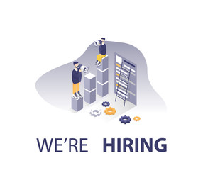 Landing page of hiring/headhunting service. Isometric people. Abstract. Concept of web page design for website and mobile website. Vector illustration.