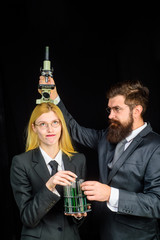 Science. Progressive school. Chemistry. Experiment. Test tubes. Education. Biology. Woman with chemical test tubes. Bearded man with microscope. Laboratory. Analysis. Optical microscope.