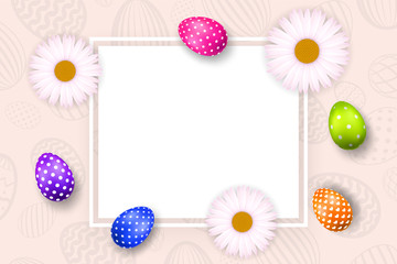 Happy Easter background, pastel textured eggs, chamomile. Decoration paper frame. Greeting Easter 3D card. Border template, empty space. Holiday design poster, banner, invitation. Vector illustration