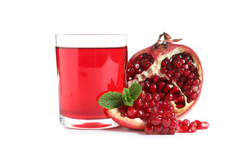 Glass of pomegranate juice and fresh fruits on white background