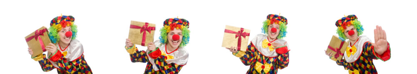 Clown with giftbox isolated on white