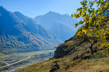Caucasus mountains, Cherek gorge. Autumn weather in the mountains. Panoramic view of the beautiful nature of the Caucasus